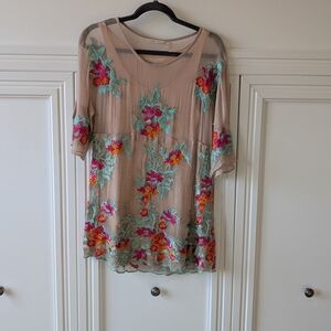 Soft Surroundings Beige Floral Embroidered Blouse